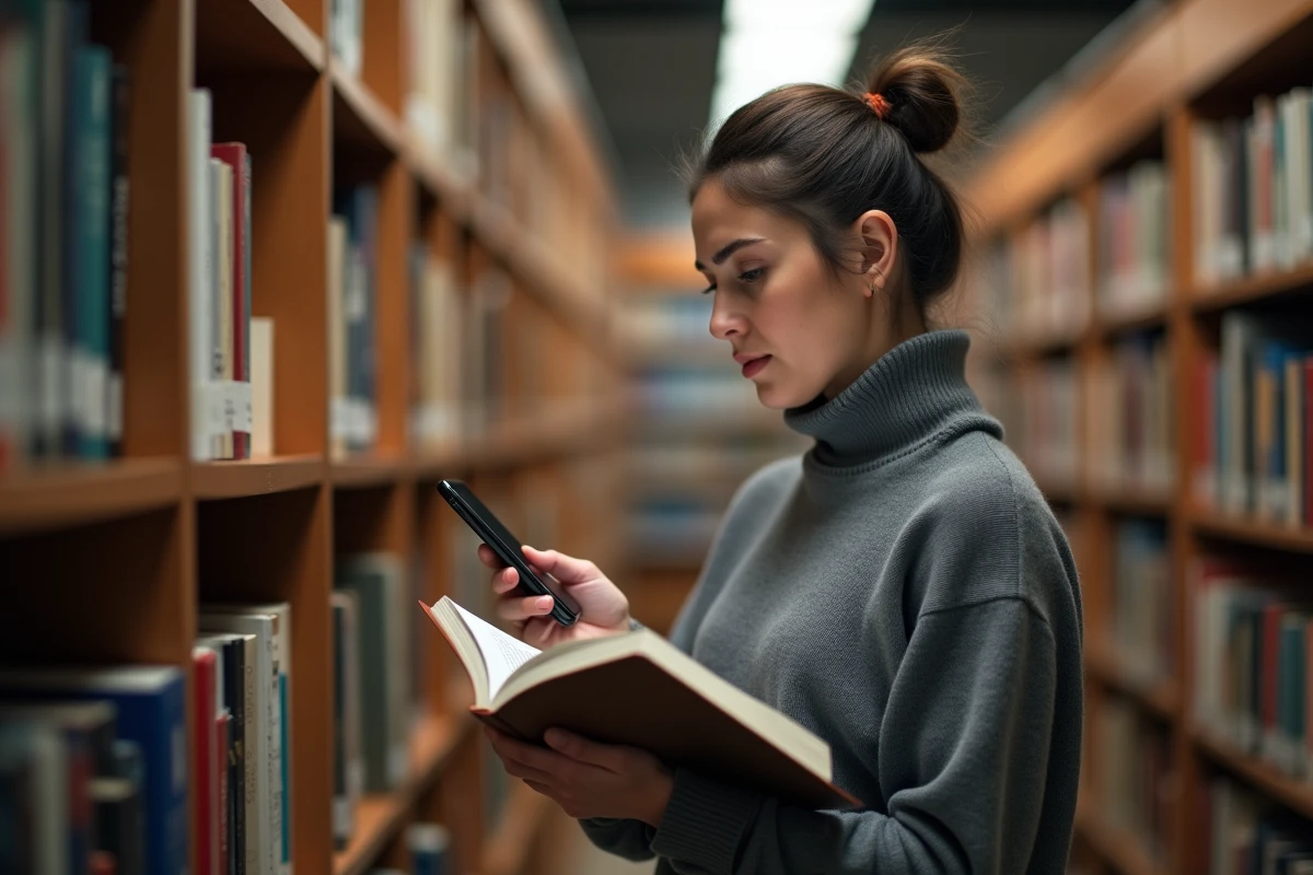 Chercheuse dans une bibliothèque comparant sources imprimées et résultats numériques pour vérifier une théorie du complot