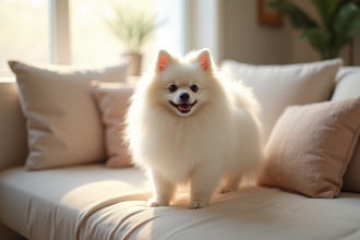 Chien Pomeranian blanc sur un canapé lumineux