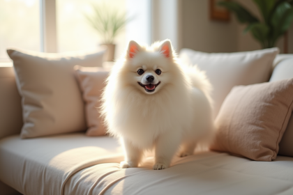 Chien Pomeranian blanc sur un canapé lumineux