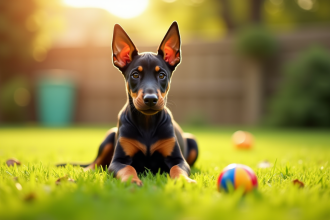 Chiot Doberman joueur dans un jardin ensoleille