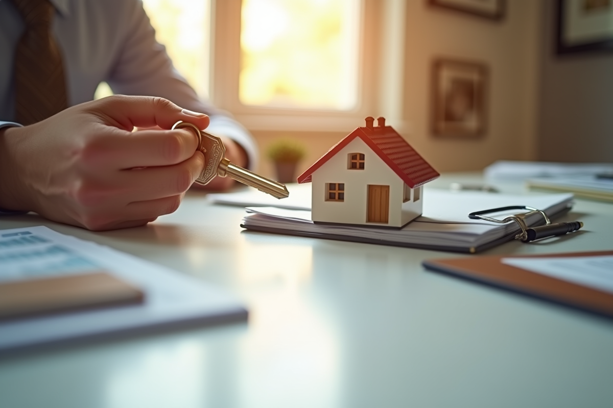 Main tenant une clé de maison avec papiers et modèle immobilier
