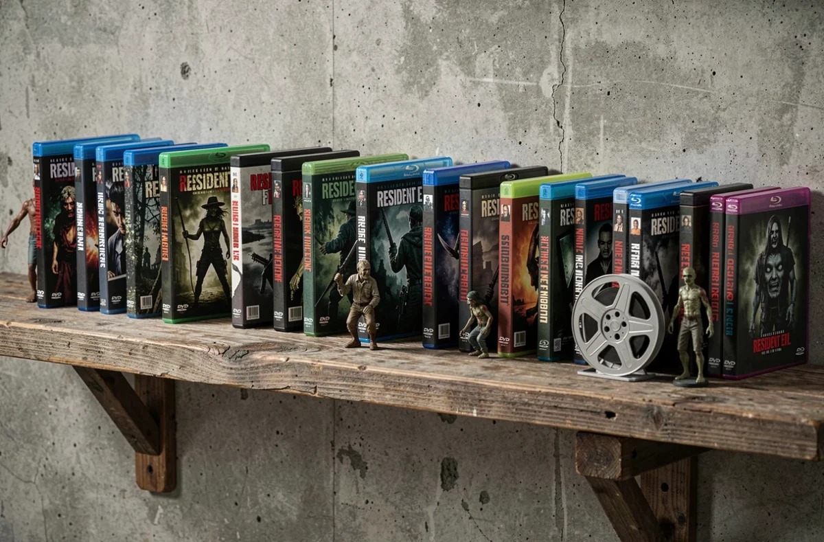 Collection de DVD et Blu-ray des films Resident Evil rangés dans l'ordre chronologique sur une étagère en bois