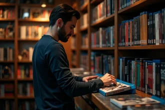 Collectionneur arrangeant des films Batman en ordre chronologique sur une étagère de bibliothèque DC Comics