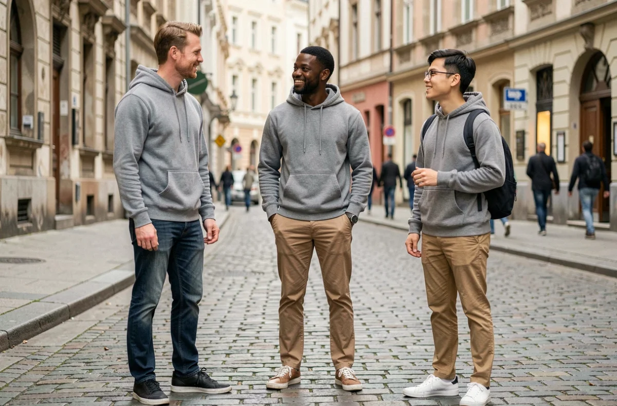 Trois hommes d'origines européenne, africaine et asiatique côte à côte dans une rue urbaine illustrant les différences de taille moyenne selon les pays