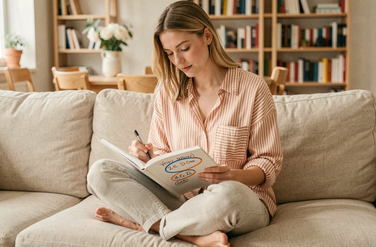 Jeune femme comptant les jours entre deux dates dans un agenda posé sur ses genoux dans un salon scandinave