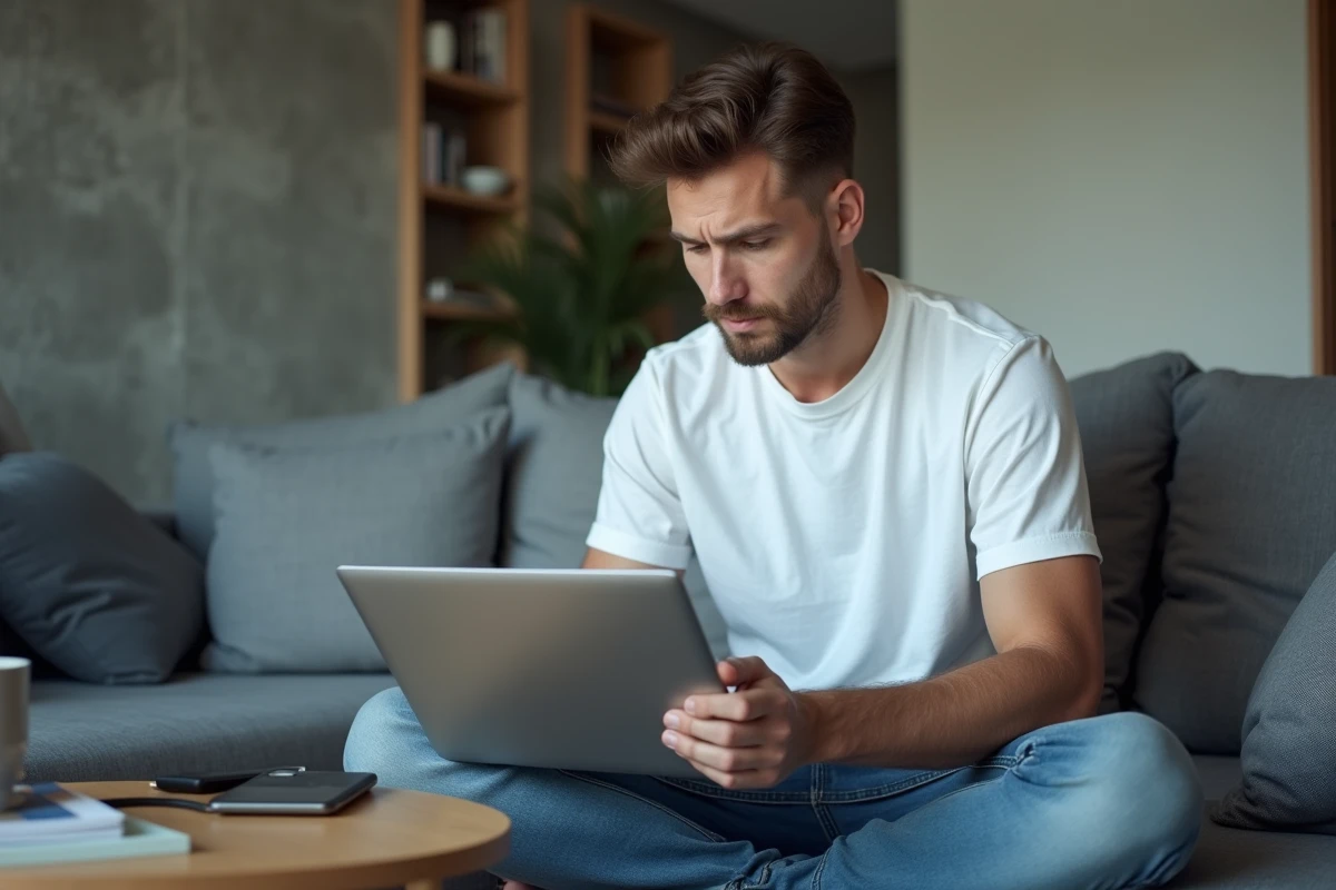 Jeune homme sur un canapé consultant un comparatif de smartphones Samsung sur son ordinateur portable