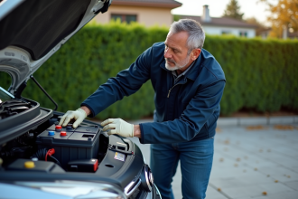 Homme vérifiant la batterie d'une voiture dans une allée résidentielle