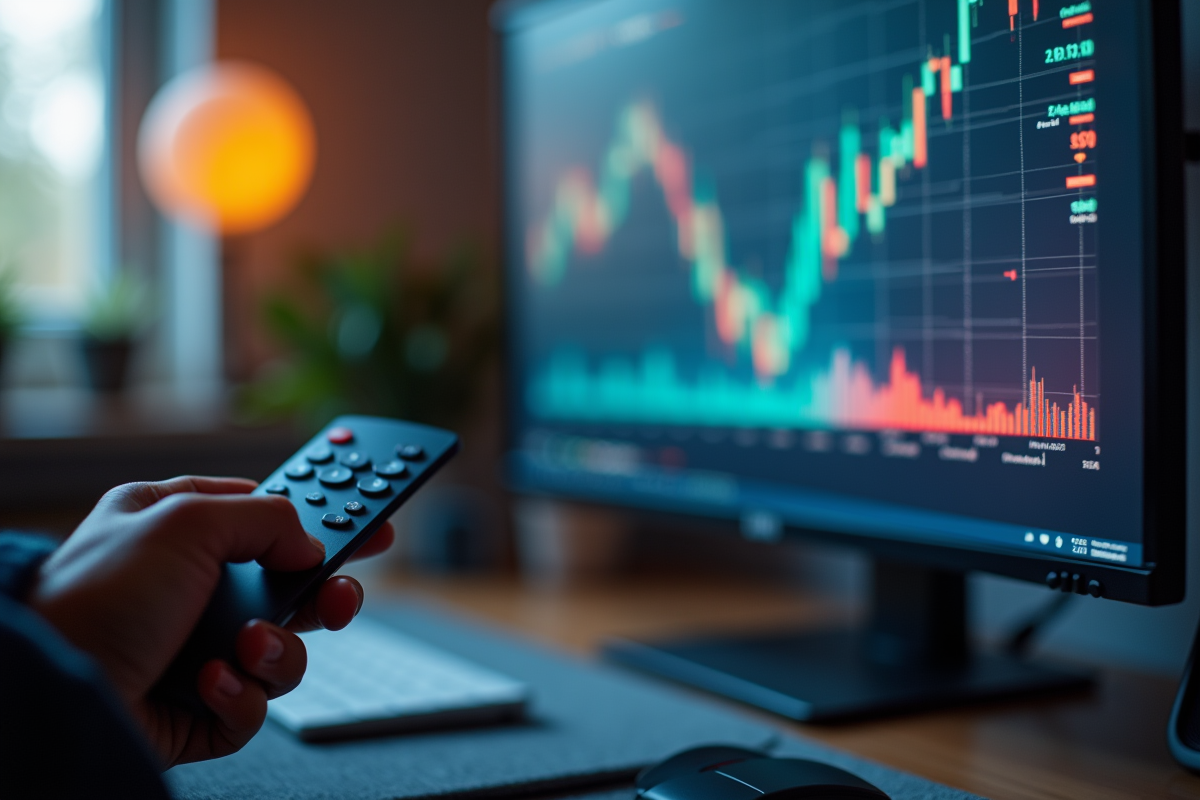 Main tenant une télécommande face à un écran 4K lumineux