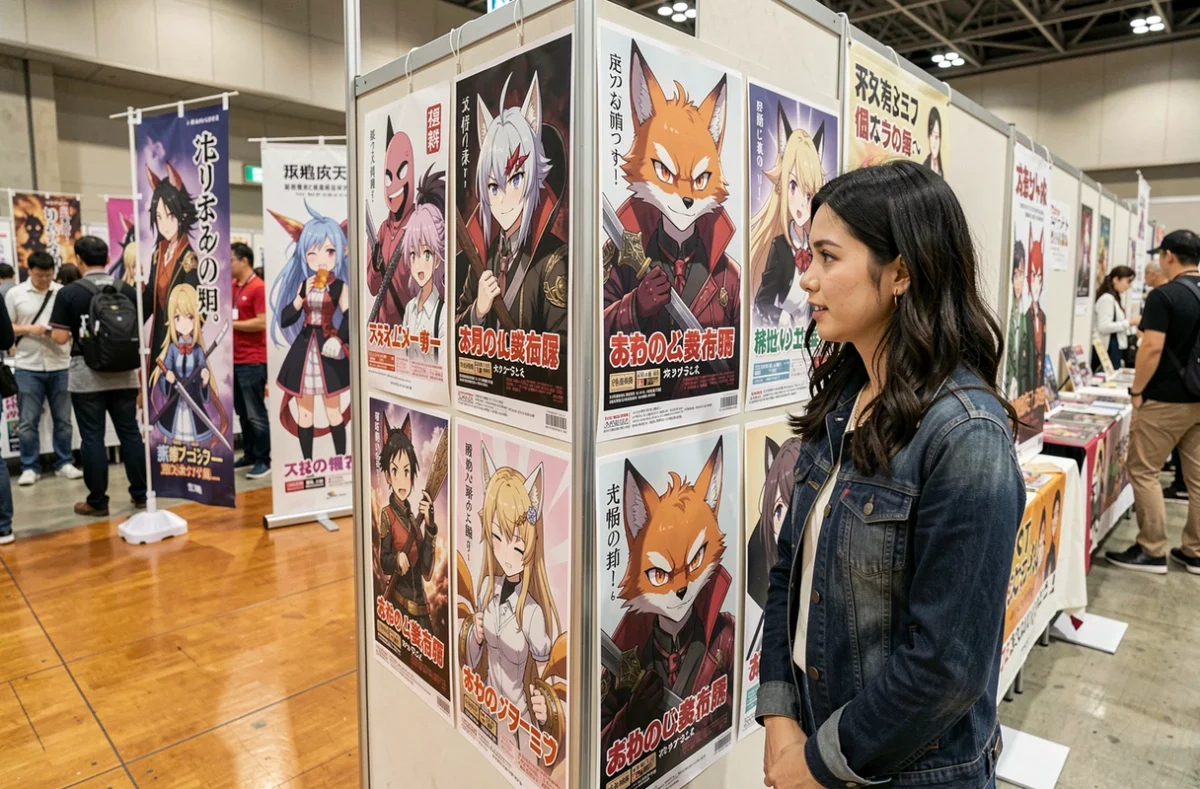 Visiteur d'une convention anime examinant des panneaux illustrés d'un personnage antagoniste aux yeux de renard d'une académie démonique