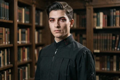 Cosplayer en uniforme académique sombre avec maquillage aux yeux de renard dans une bibliothèque atmosphérique, illustration d'un personnage antagoniste d'académie démonique