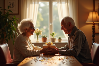 Couple agee échangeant cadeaux anniversaire de mariage