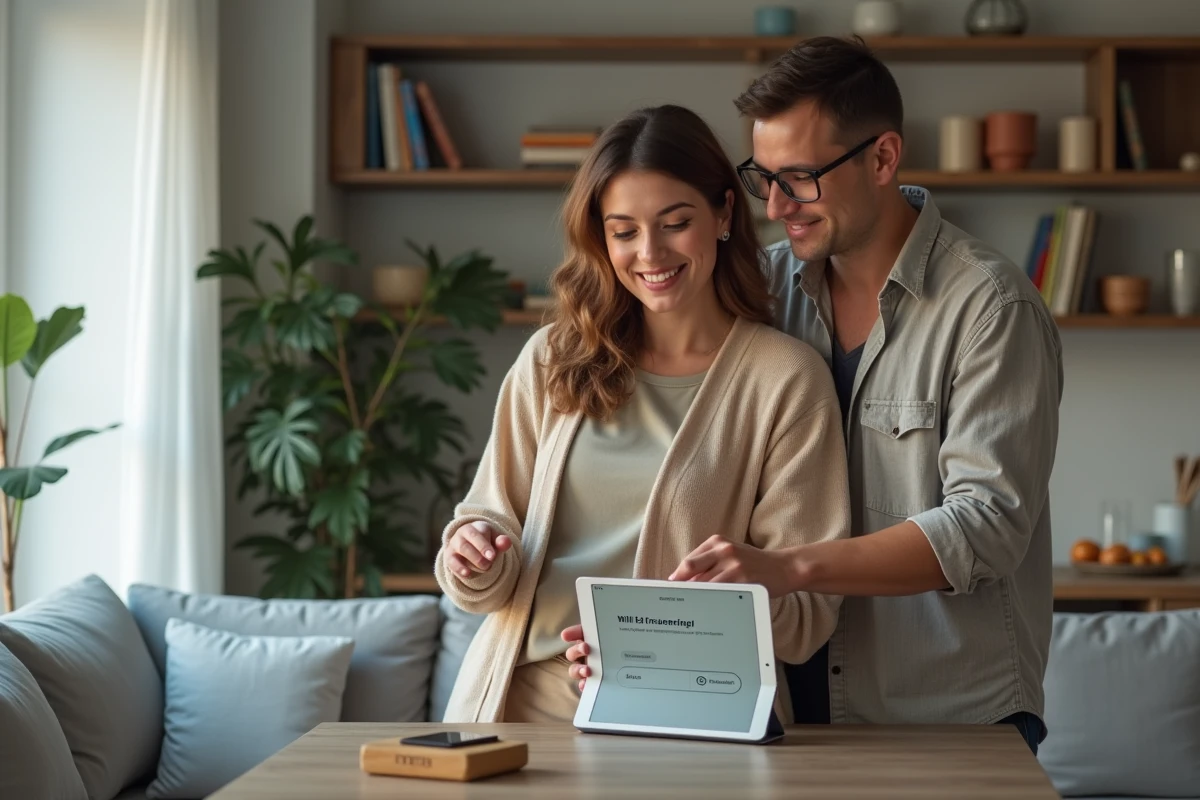 Couple comparant les offres et codes promo Carrefour Drive sur une tablette dans leur salon