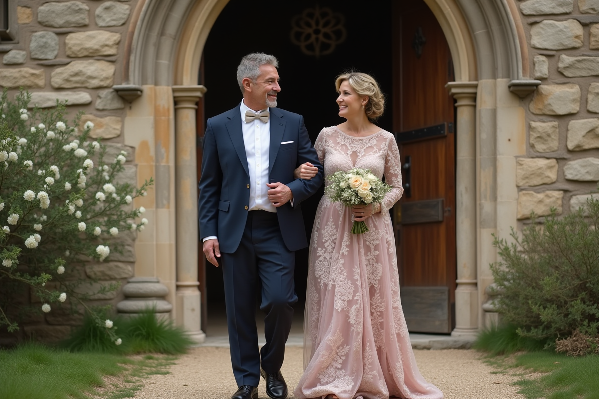 Homme et femme en tenue formelle devant une vieille église de village