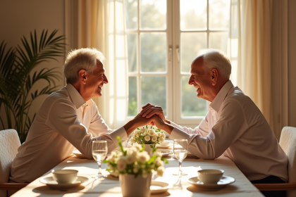 Couple âgé souriant lors d un dîner romantique chaleureux