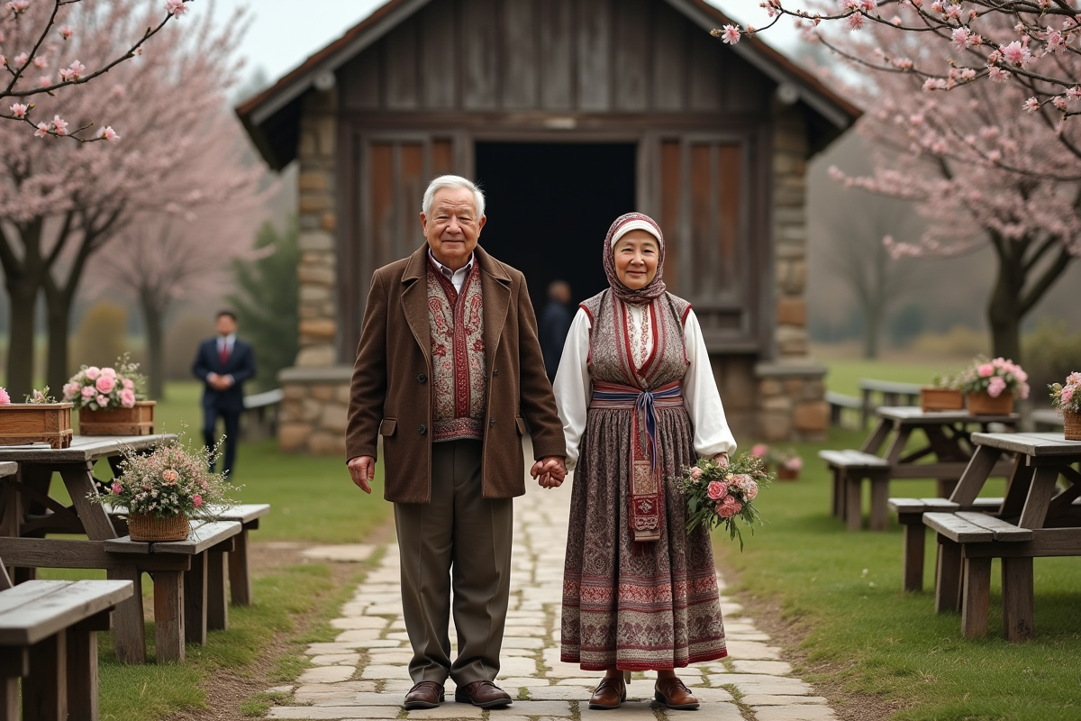 Vieux couple en costume traditionnel devant une chapelle