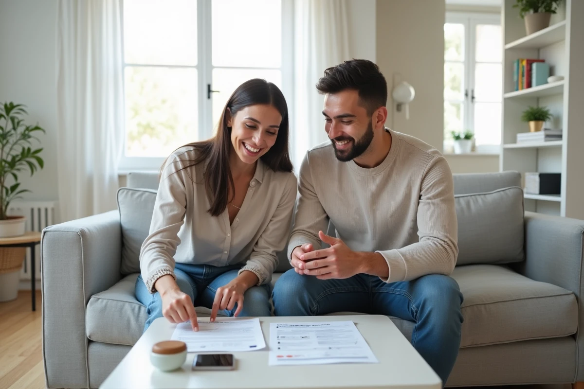 Couple étudiant ensemble les questions du test de naturalisation française dans un appartement moderne