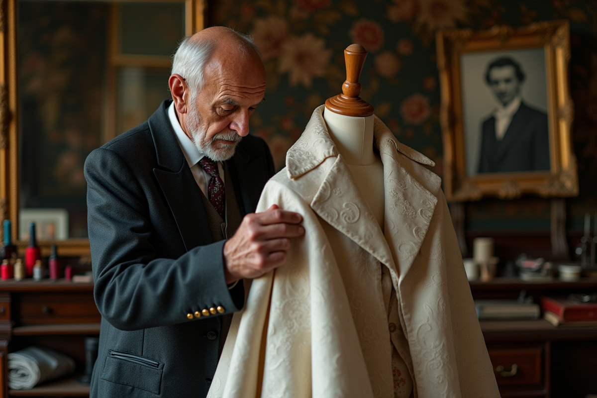 Couturier âgé en costume vintage dans un atelier parisien