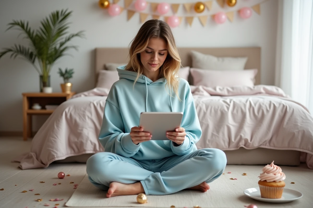 Jeune femme créant une story Instagram d'anniversaire avec des GIFs rigolos depuis sa chambre