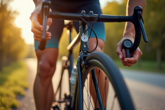 Cycliste vérifiant la pression d'un pneu de vélo en extérieur