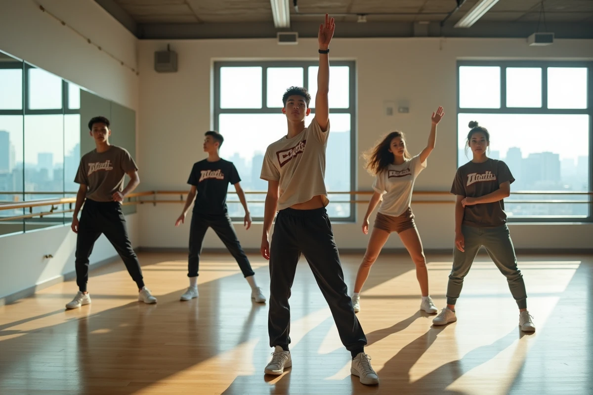 Groupe de jeunes danseurs coréens en répétition dans un studio de danse moderne avec vue sur Séoul