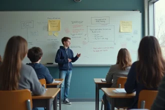 Élève délégué de classe présentant une idée de projet au tableau devant ses camarades attentifs