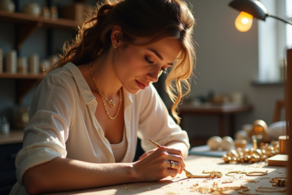 Créatrice de bijoux en atelier lumineux en train de façonner un collier