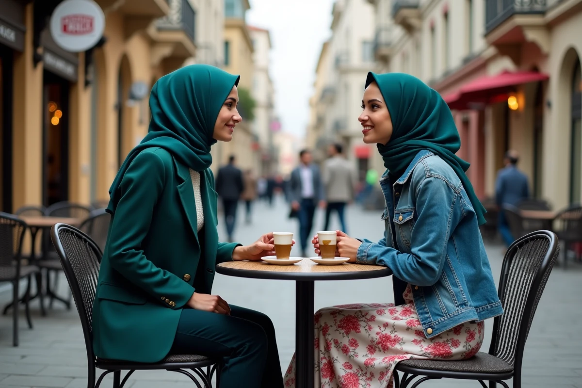 Deux femmes turques aux styles contrastés entre mode conservatrice et tendances contemporaines, assises en terrasse à Istanbul