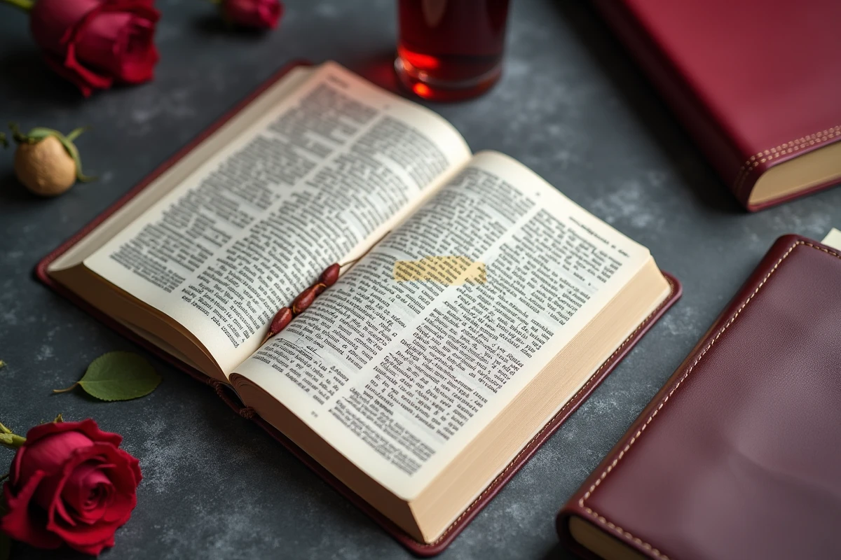 Scène de bureau avec dictionnaire anglais ouvert sur le mot burgundy, entouré d'objets en nuances bordeaux comme une rose séchée et un carnet en cuir maroon