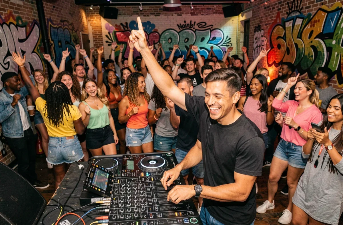 DJ Ad7 en prestation énergique et éclectique devant une foule enthousiaste dans une salle de soirée urbaine