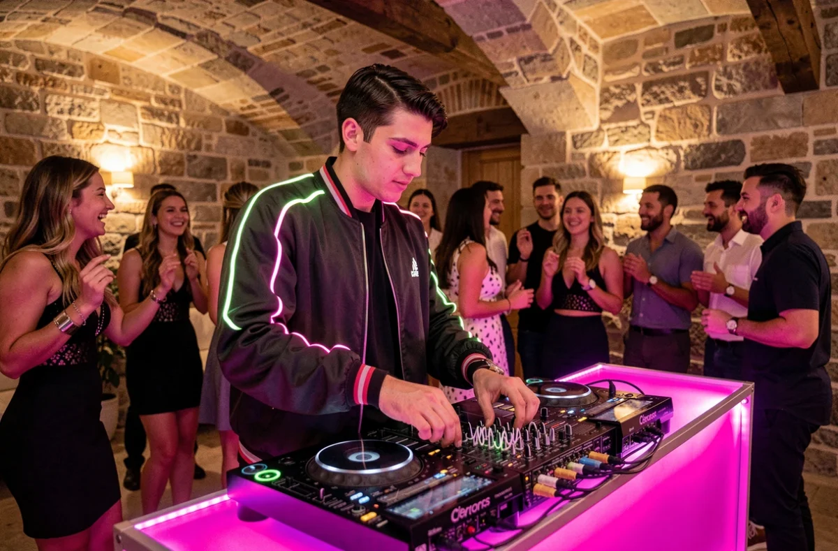 DJ Néon en prestation sur mesure dans une salle événementielle d'Arras avec décoration néon colorée