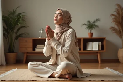 Femme musulmane en hijab faisant une douaa les mains levées sur un tapis de prière dans un salon calme