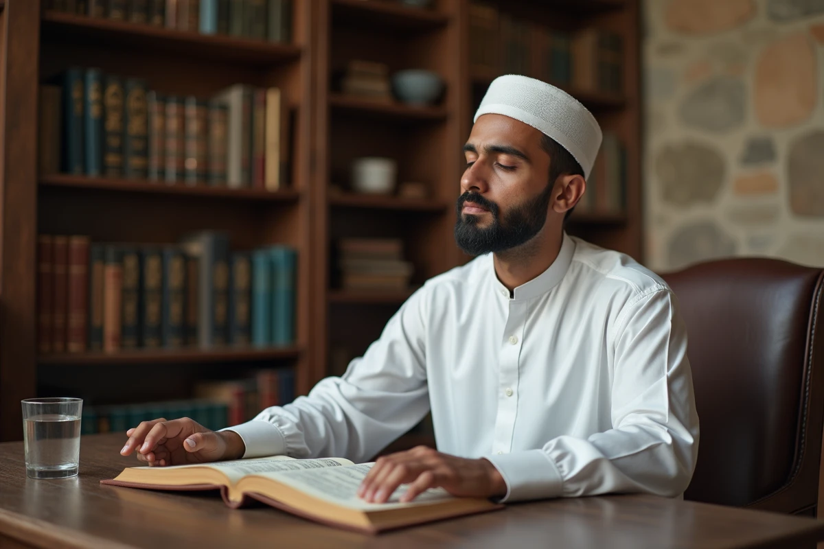 Homme musulman en thobe faisant une douaa silencieuse assis à un bureau entouré de livres islamiques