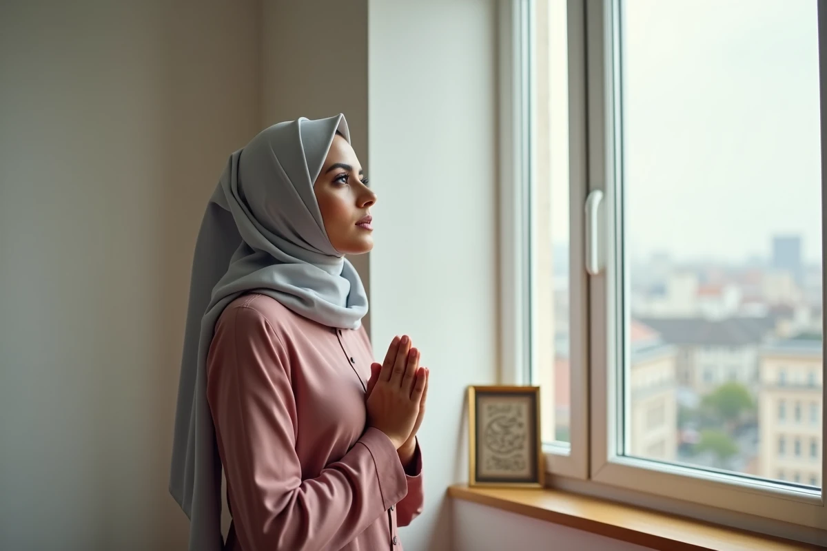 Jeune femme voilée en robe pudique faisant une prière personnelle douaa près d'une fenêtre dans un appartement moderne