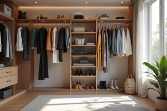 Dressing moderne avec vêtements et accessoires bien rangés