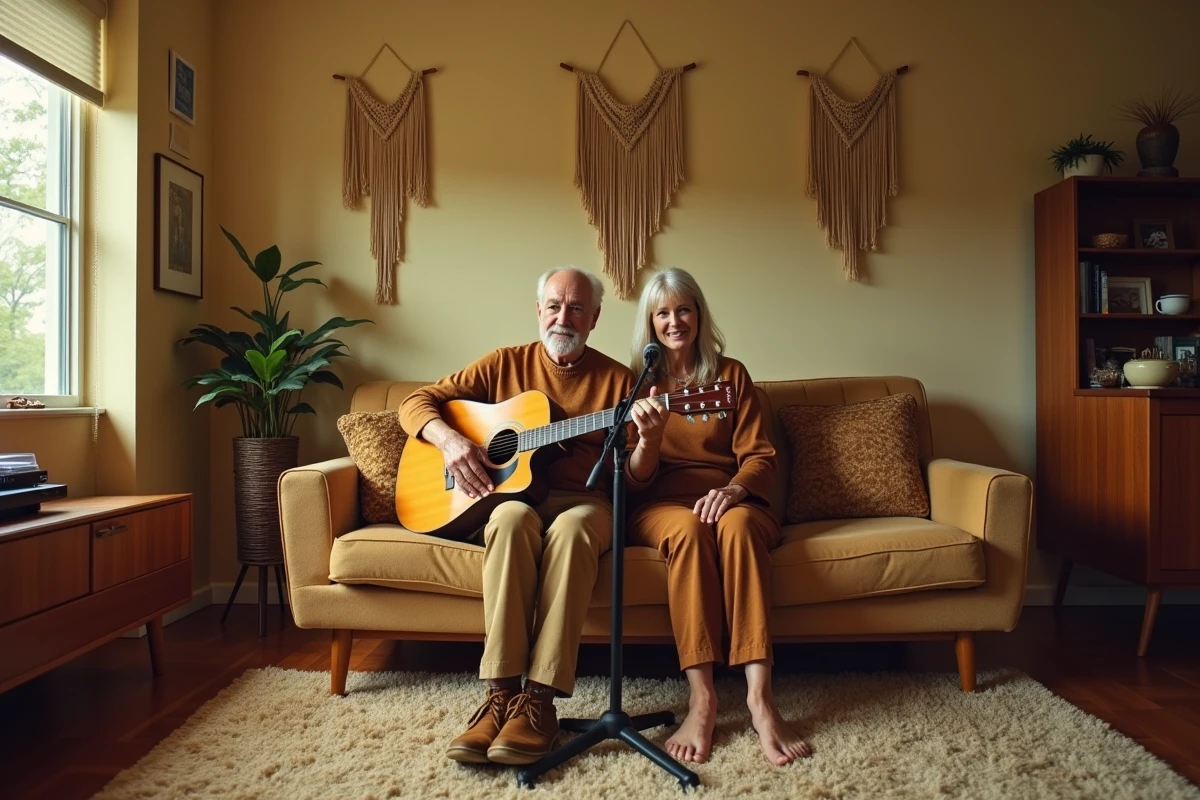 Duo de musiciens années 70 dans un salon décoré style seventies avec guitare acoustique et tourne-disque vintage
