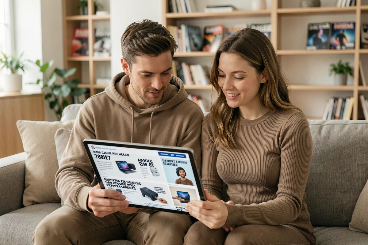 Deux passionnés de technologie consultant les actualités tech de 2026 sur une tablette dans un salon moderne