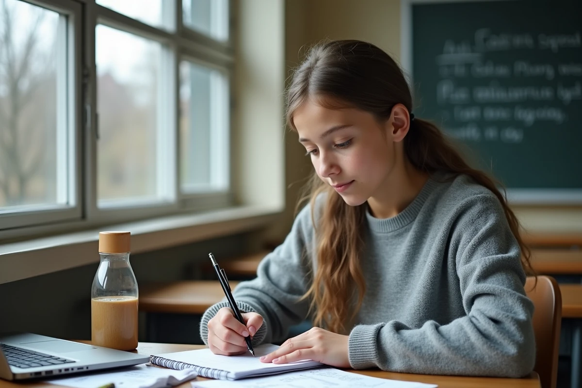 Élève déléguée prenant des notes pour organiser un projet de classe dans une salle de cours vide