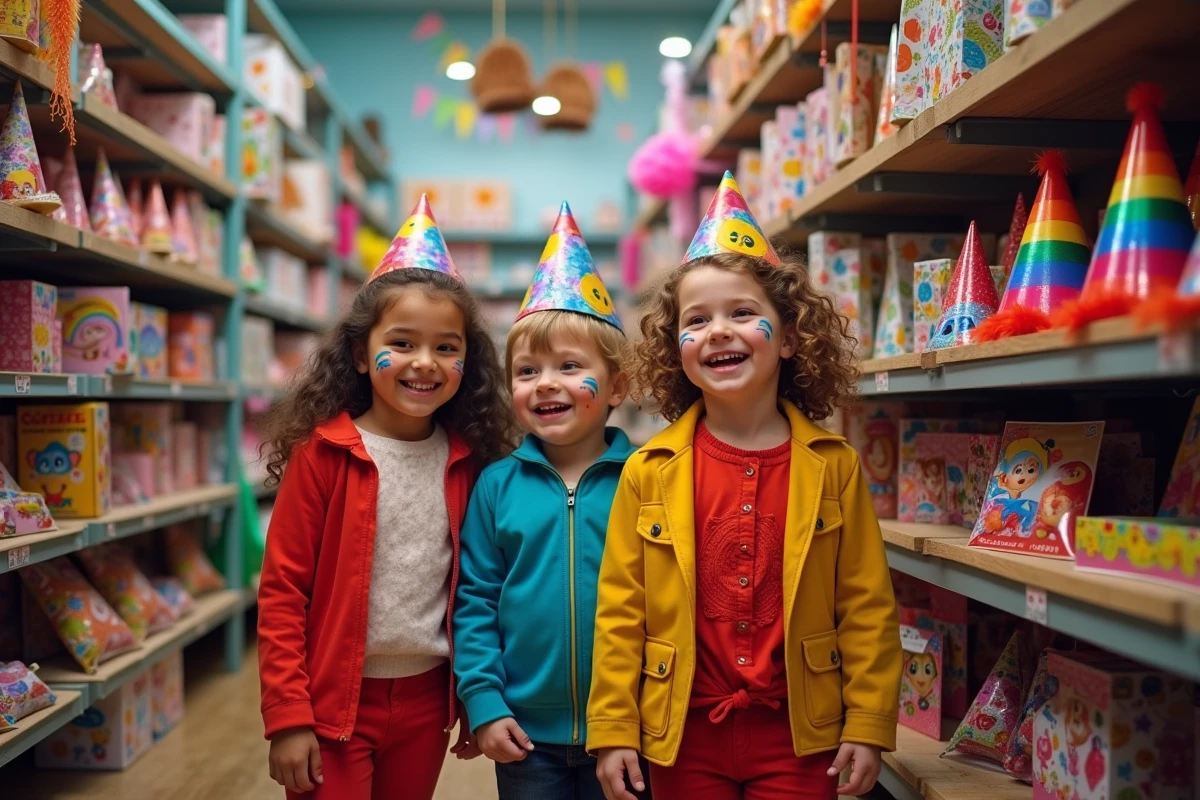 Enfants en costumes dans la boutique de fête à Paris