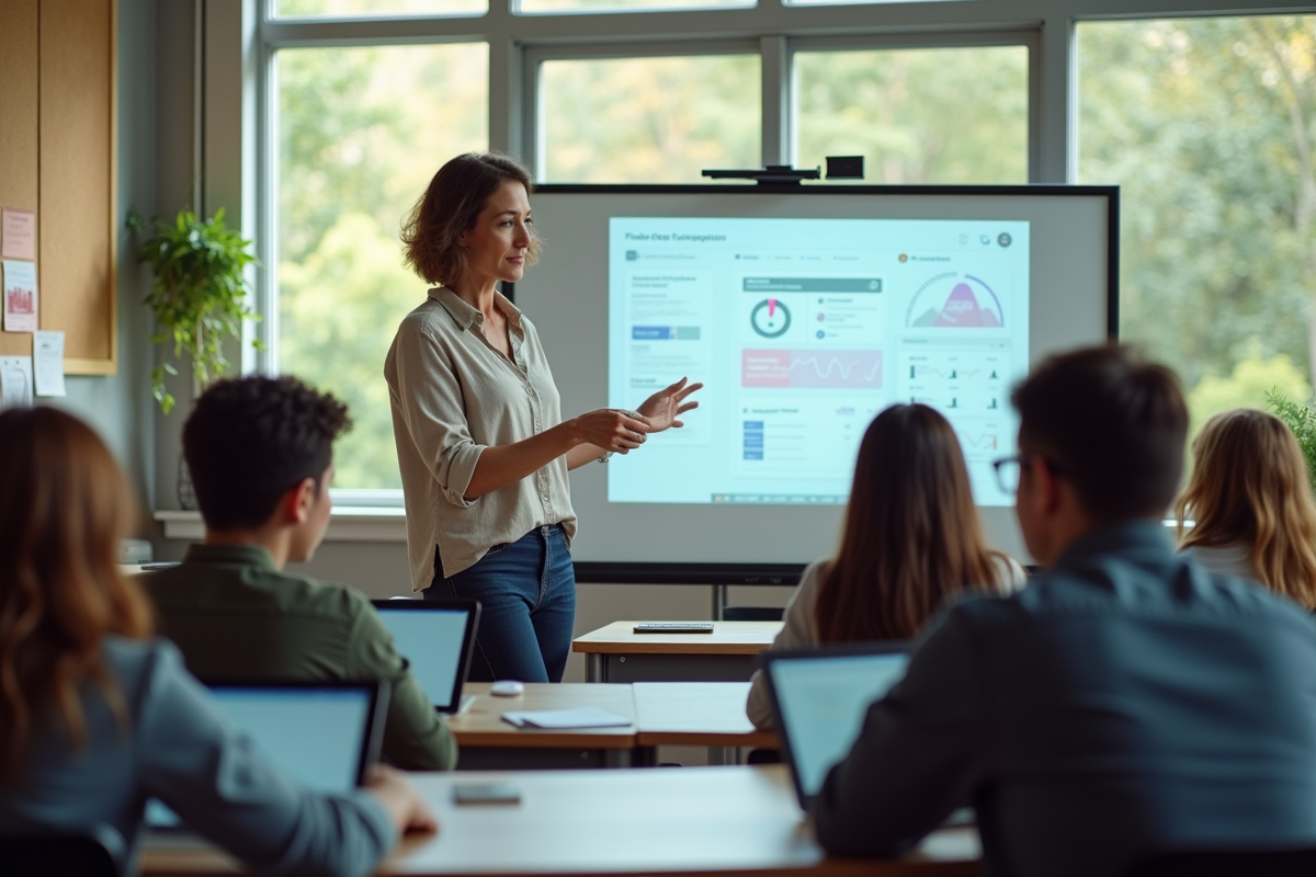 Professeure avec tableau interactif dans une classe moderne