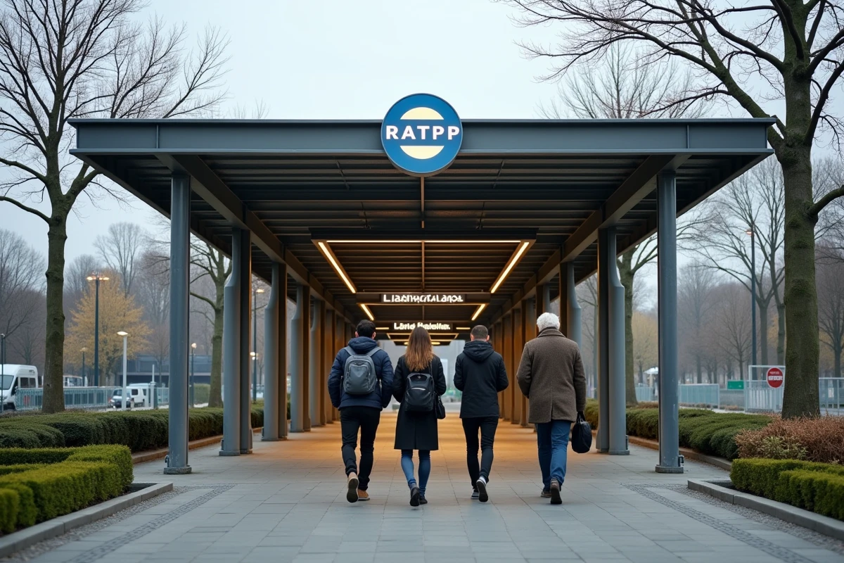 Entrée extérieure d'une nouvelle station de la ligne 14 prolongée en banlieue parisienne avec des voyageurs à l'entrée