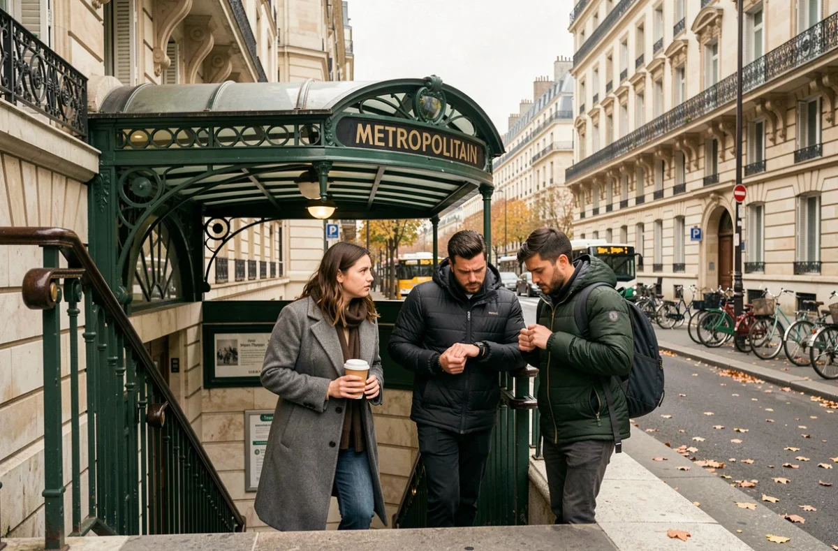 Voyageurs devant l'entrée d'une station de métro parisienne ligne 3 lors d'une perturbation RATP