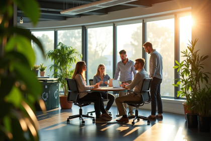 Groupe de professionnels collaborant dans un bureau écologique