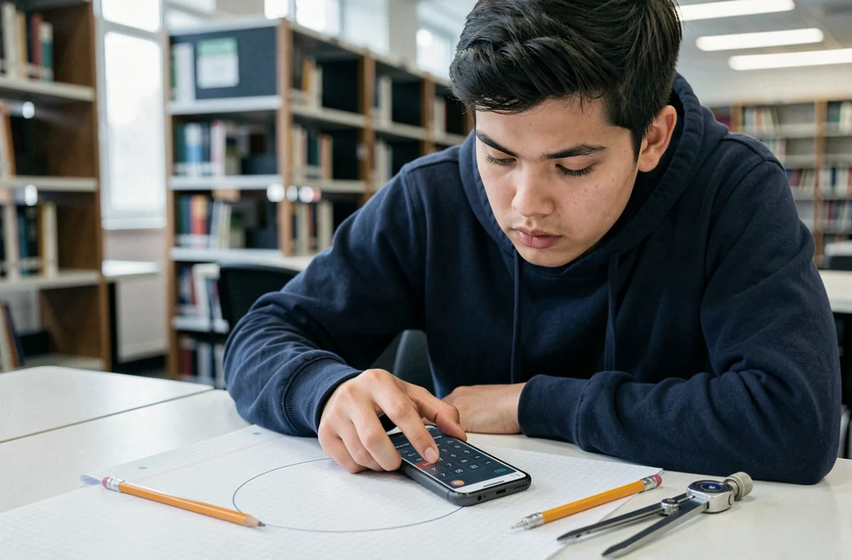 Étudiant utilisant une calculatrice sur smartphone pour calculer la surface d'un cercle sur du papier quadrillé en bibliothèque