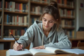 Étudiante révisant les règles du participe passé 'pris' et 'prit' dans un manuel de grammaire française en bibliothèque