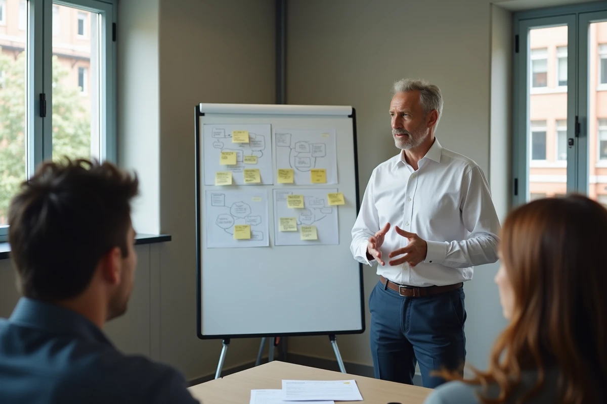Expert externe animant une session de formation et d'appui méthodologique pour une équipe d'établissement médico-social