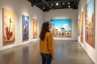 Femme admirant les œuvres de l'exposition Pixar dans un musée parisien contemporain