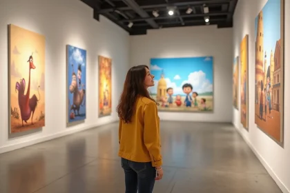 Femme admirant les œuvres de l'exposition Pixar dans un musée parisien contemporain