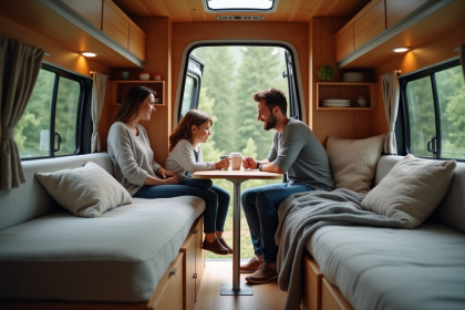 Famille relaxant dans un van moderne en forêt
