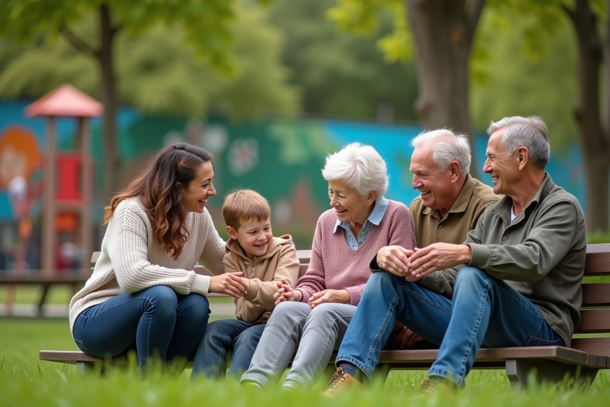 Famille multigenerations partageant un moment dans un parc urbain