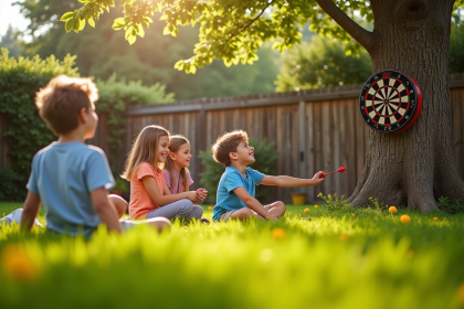 Famille jouant aux darts dans un jardin ensoleille